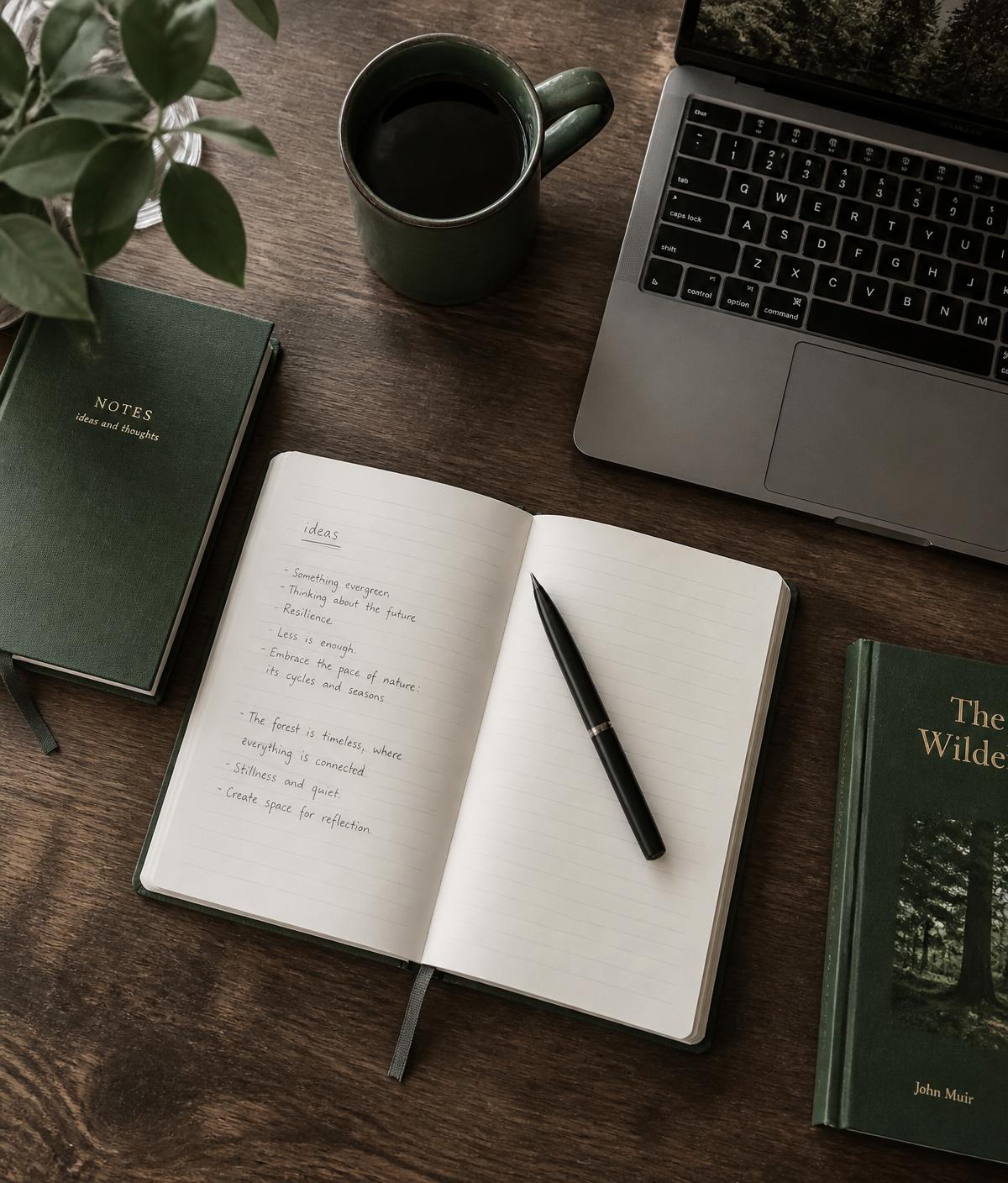 Open notebook, pen, green mug and laptop on a wooden desk